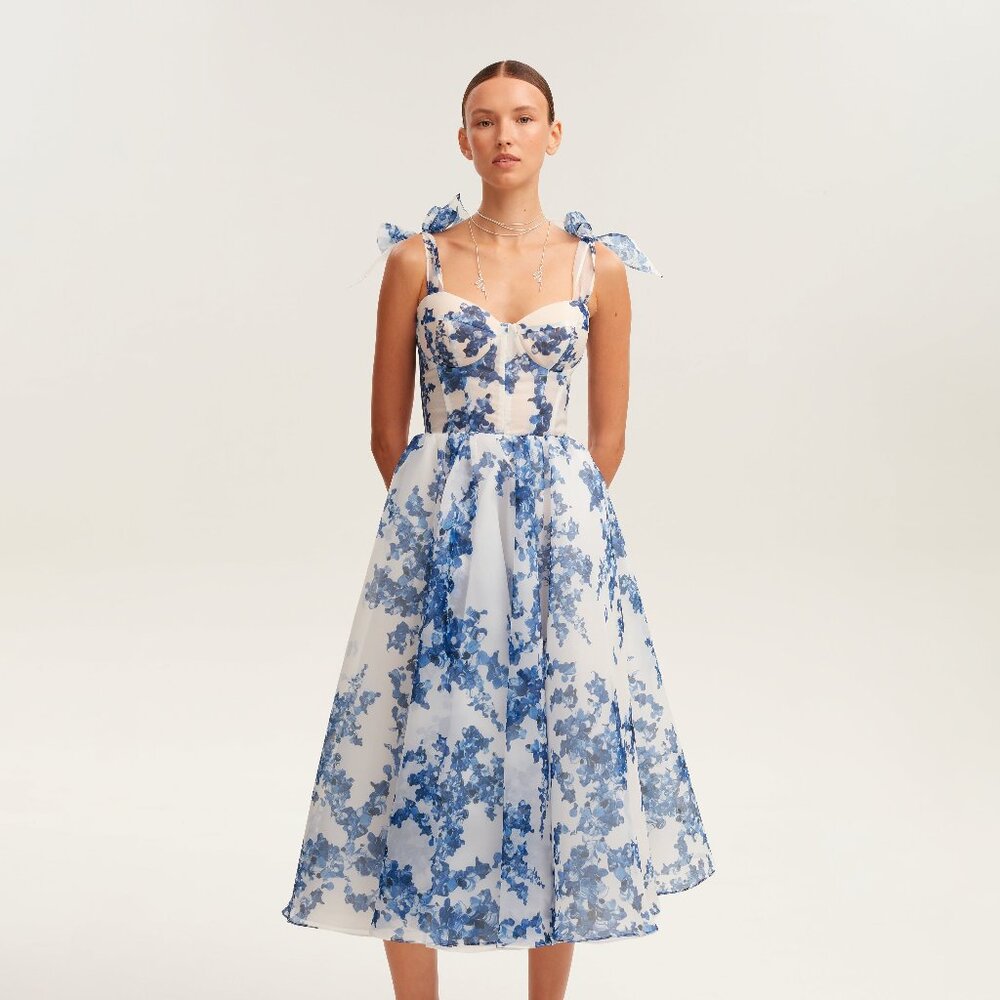 Blue Flutter Sleeve Sweetheart Midi Dress